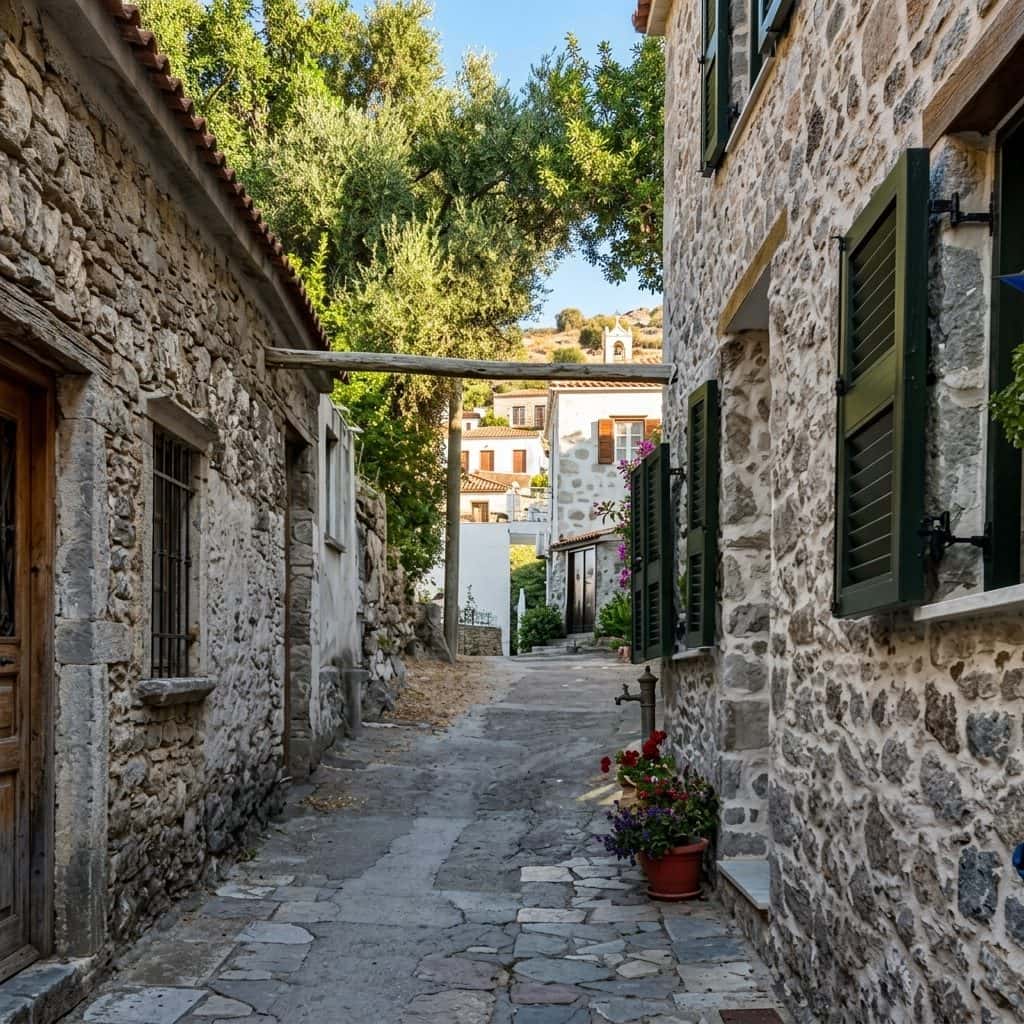 Πέτρινο σοκάκι σε χωριό της Ελλάδας, με πράσινα παντζούρια και κεραμίδια δεξιά και αριστερά