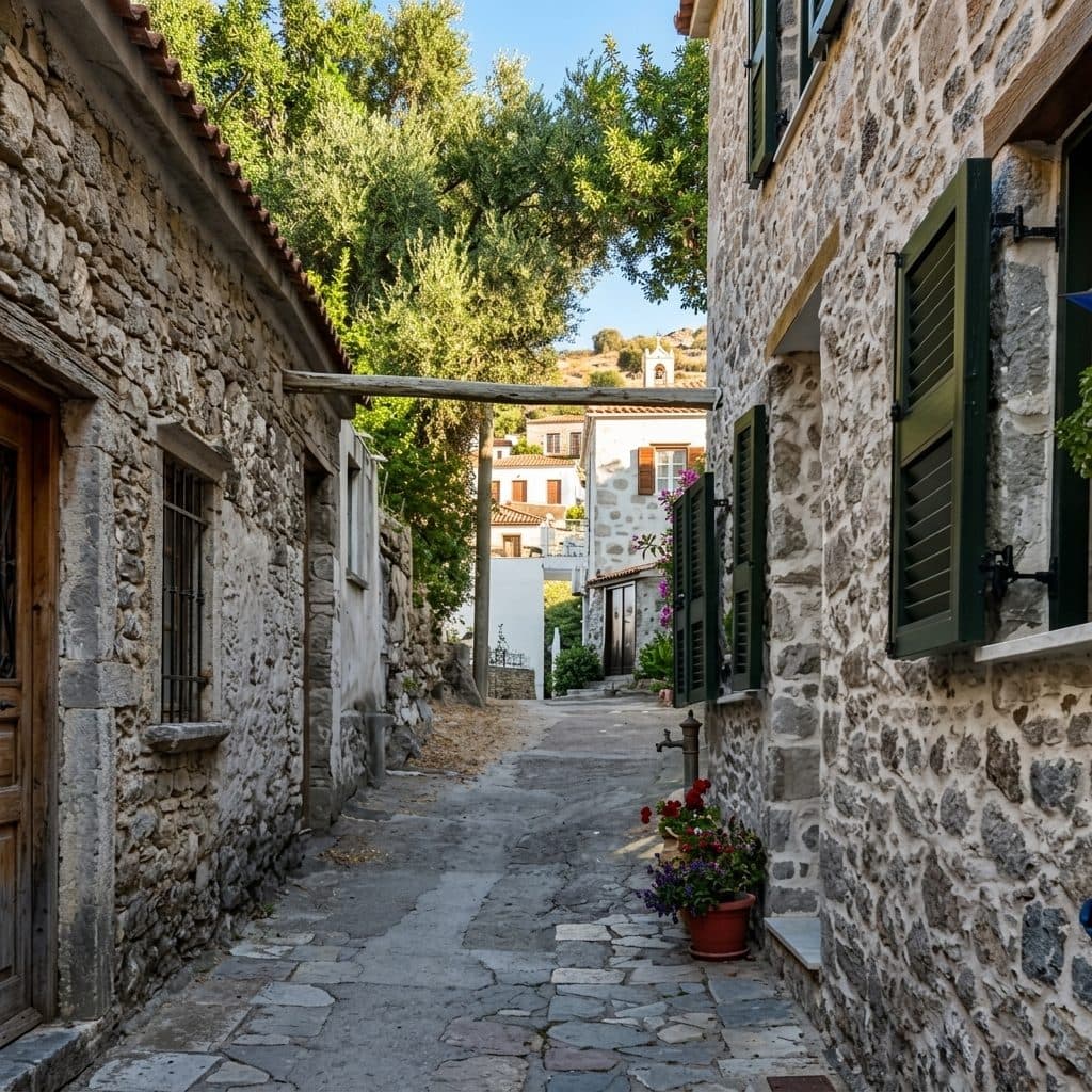 A stone-walled village lane in Greece, green shutters and terracotta on either side